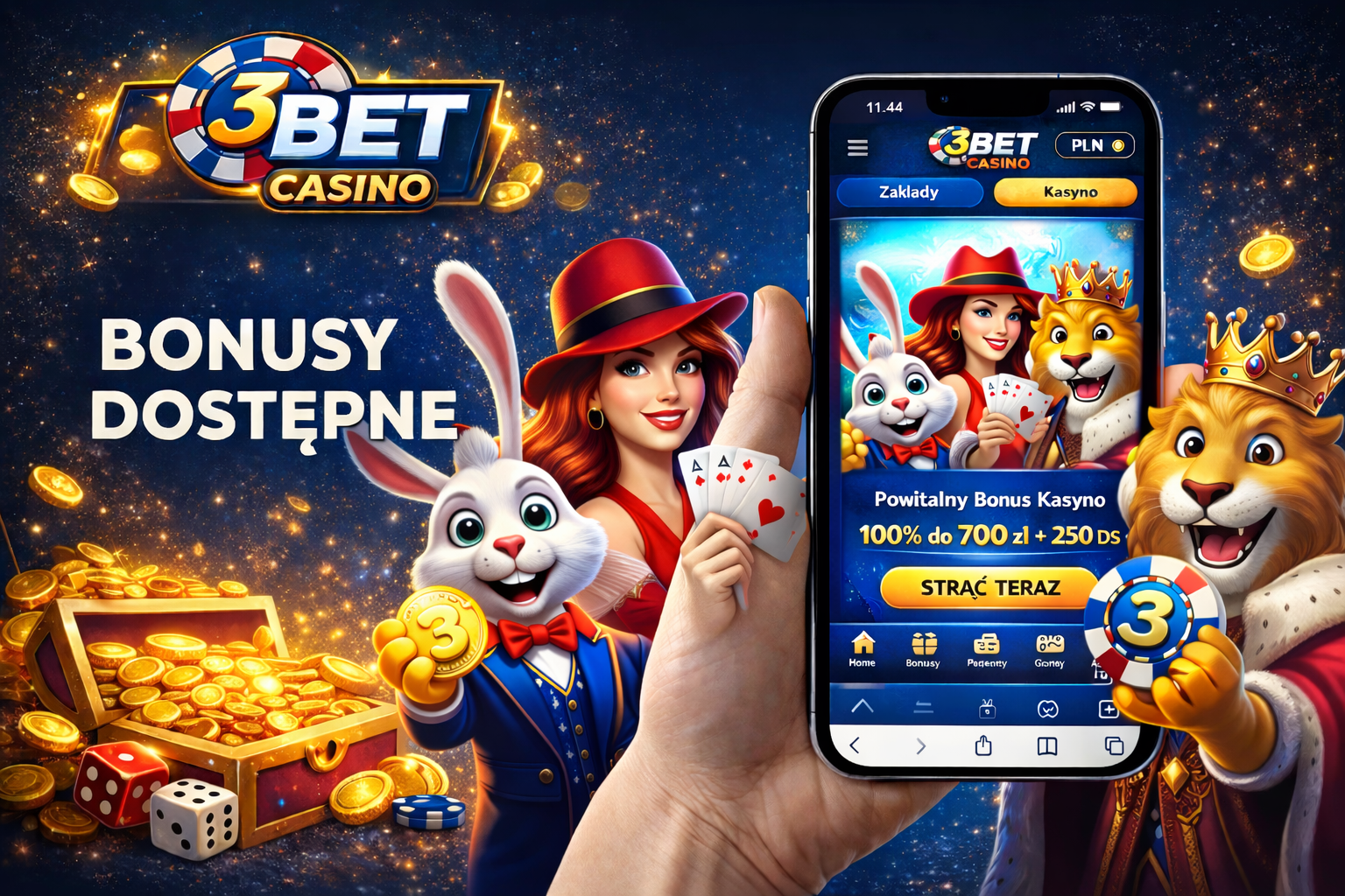 A hand holding a smartphone displaying 3Bet Casino with animated characters and gold coins, promoting available bonuses.